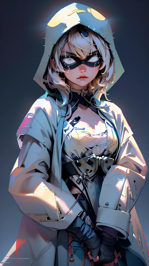 envision a 8k, highres, cinematic, beautiful close up portrait of a ninja girl with pretty features posing with a katana with blonde hair, a white camisole, black jacket with hood up with light armor plates, katana's on her back, ((black eye mask with white eyes)), in dark lighting, against a dark gray background