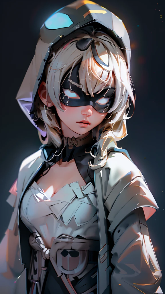 envision a 8k, highres, cinematic, beautiful close up portrait of a ninja girl with pretty features posing with a katana with blonde hair, a white camisole, black jacket with hood up with light armor plates, katana's on her back, ((black eye mask with white eyes)), in dark lighting, against a dark gray background