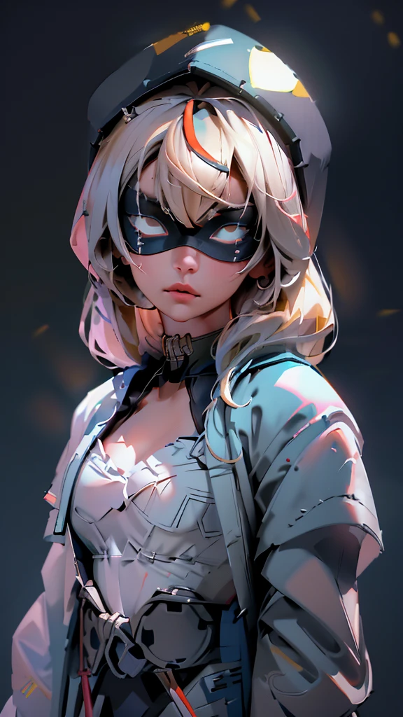 envision a 8k, highres, cinematic, beautiful close up portrait of a ninja girl with pretty features posing with a katana with blonde hair, a white camisole, black jacket with hood up with light armor plates, katana's on her back, ((black eye mask with white eyes)), in dark lighting, against a dark gray background