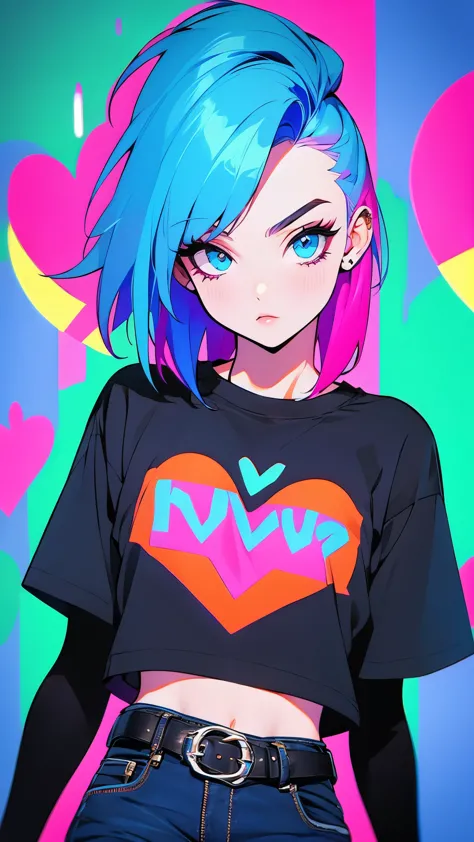 girl in black t-shirt and blue jeans, colorful pop-punk hair, beautiful eyes, belt, neon hearts