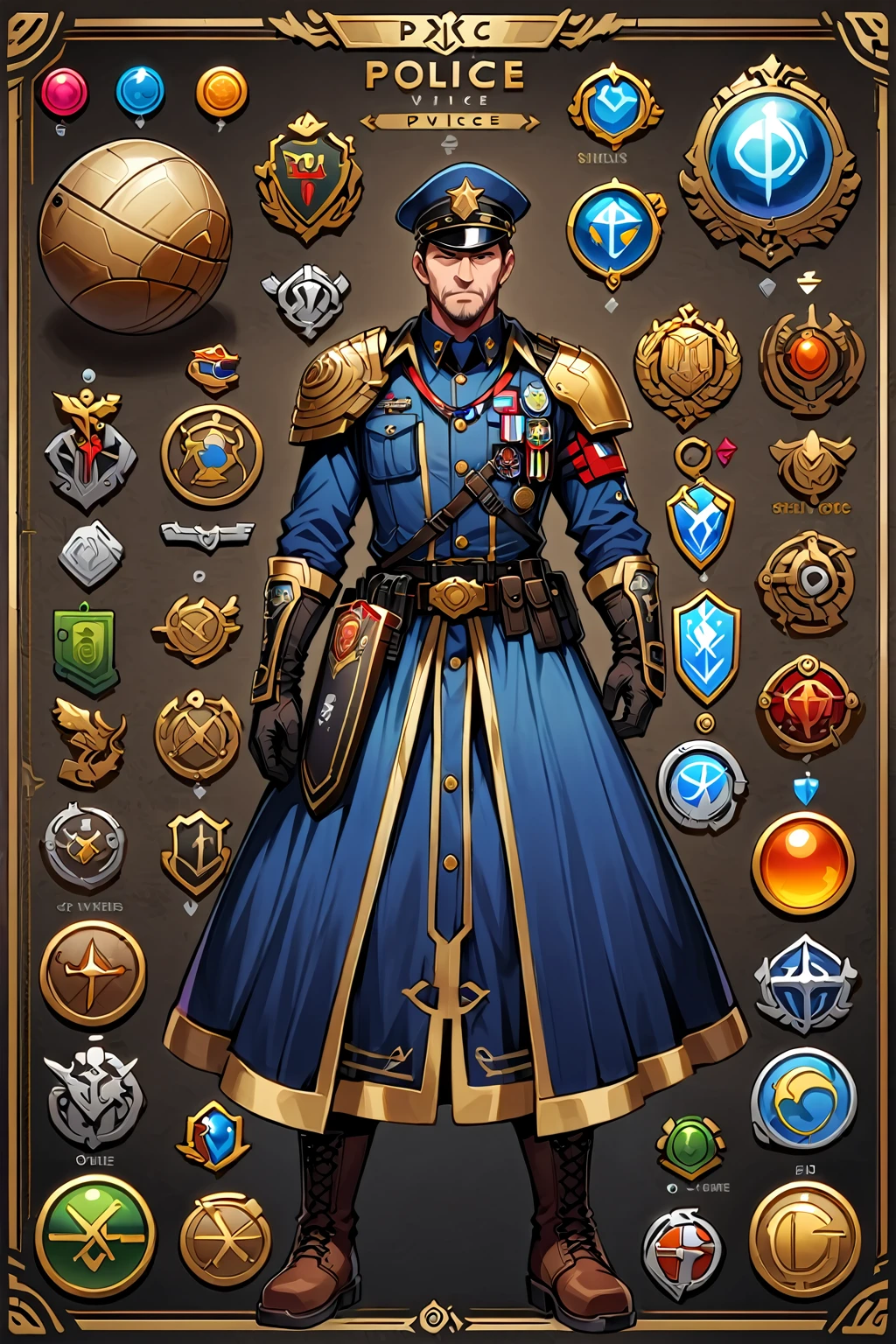 Framed Presentation of a police, man character design sheet for a video game with detailed accessories, boots, multiple icons, and police costume, Ball Gown, buttons to customize the character to your liking, sphere,(game icon),medal icon,rpg,(game icon),medal icon,rpg,(sheild icon),(magic icon),