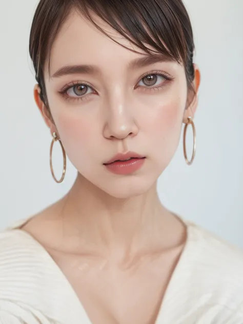 1girl, solo, looking at viewer, short hair, bangs, brown hair, holding, brown eyes, jewelry, earrings, parted lips, mole, lips, ...