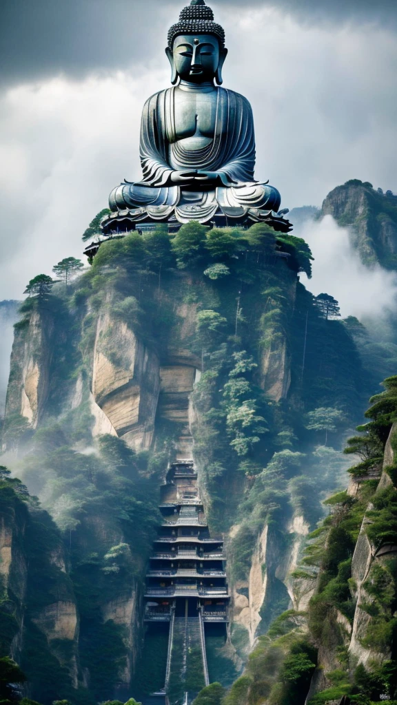 (best quality,masterpiece, intricate,ultra-detailed,realistic,RAW photo,8k uhd,ultra high res,photorealistic style,cinematic scenes, sharp focus,dramatic lighting,extremely detailed CG unity wallpaper) ,a buddha statue on the cliff, 