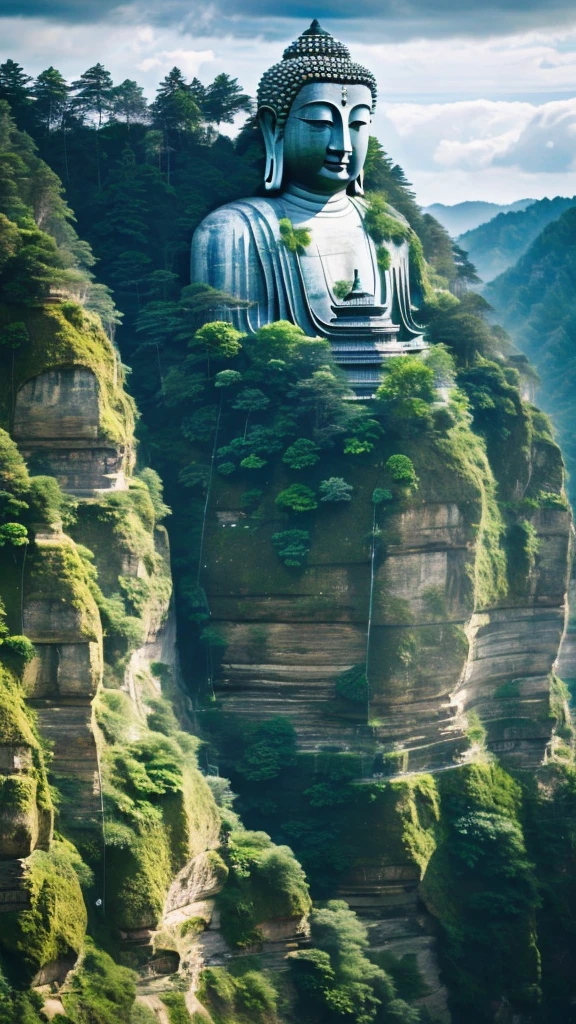 (best quality,masterpiece, intricate,ultra-detailed,realistic,RAW photo,8k uhd,ultra high res,photorealistic style,cinematic scenes, sharp focus,dramatic lighting,extremely detailed CG unity wallpaper) ,a buddha statue on the cliff, 