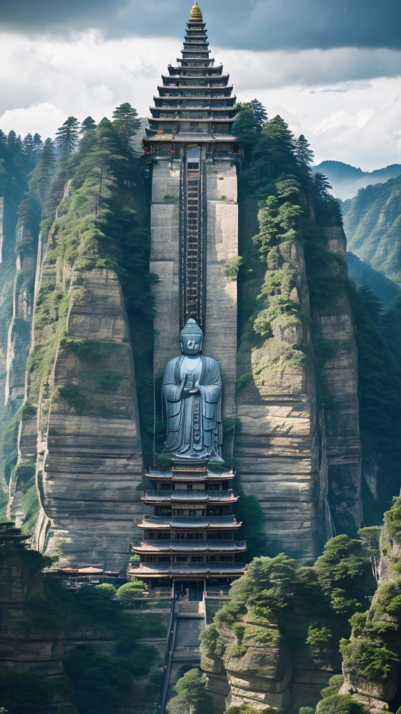 (best quality,masterpiece, intricate,ultra-detailed,realistic,RAW photo,8k uhd,ultra high res,photorealistic style,cinematic scenes, sharp focus,dramatic lighting,extremely detailed CG unity wallpaper) ,a buddha statue on the cliff, 