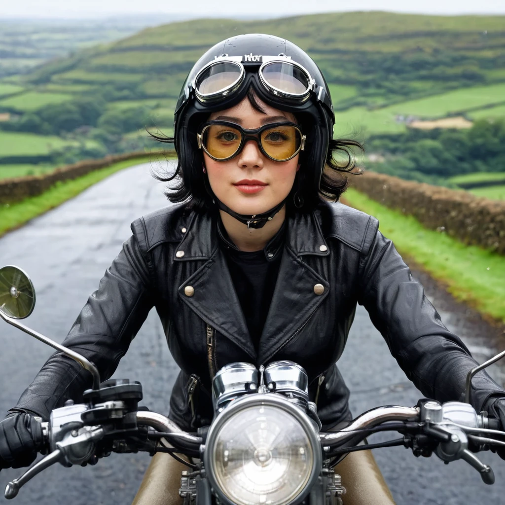 (クラシックRiding on motorcycle )、(Vintage Bikes)、Isle of Man Races、 (Riding on motorcycle:1.2), (whole body:1.2)、Beautiful young woman、1、Beautiful Face, Beautiful and delicate eyes, Black Hair, Short Bob Hair,  Classic Leather Jacket、Cromwell helmet with goggles、After the Rain、English countryside、 Detailed Description、(Highest quality, masterpiece, High resolution)、8k、wallpaper
