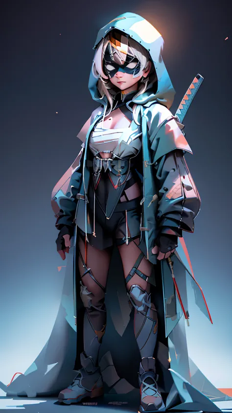 envision a 8k, highres, cinematic, beautiful full body concept art design of a ninja girl with pretty features posing with a kat...