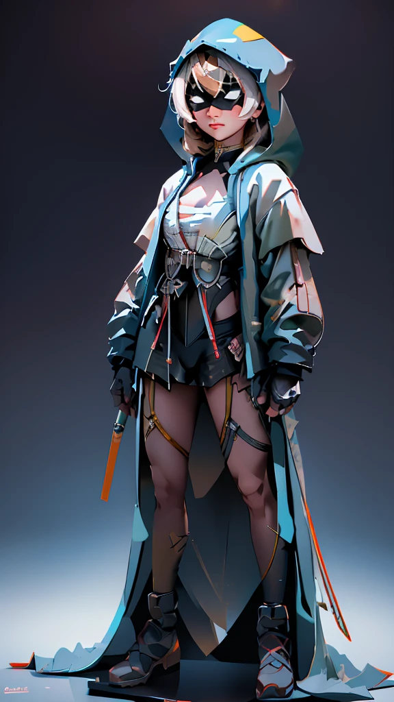 envision a 8k, highres, cinematic, beautiful full body concept art design of a ninja girl with pretty features posing with a katana with blonde hair, a white camisole, black jacket with hood up with light armor plates, katana's on her back, ((black eye mask with white eyes)), in dark lighting, against a dark gray background