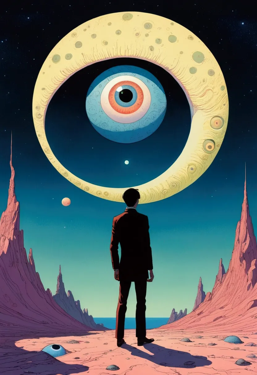 illustration of a man standing on a moon with a giant eyeball, inspired by mœbius, one eye, eyeball, one-eyed, only eyeball, one...