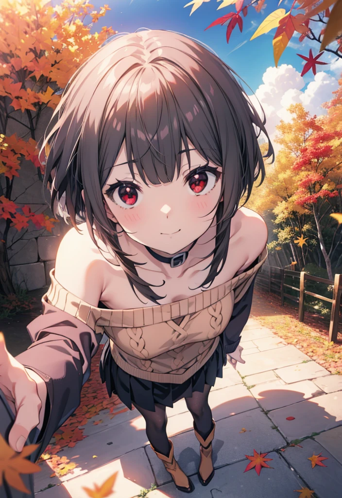 konosubaMegumin, Megumin, short hair, Black Hair, (Red eyes:1.3), short hair with long locks,smile,One-shoulder sweater,mini skirt,Black pantyhose,short boots,autumn leaves,autumn leavesが積もっている,autumn leavesが散っている,Walking,Daytime,Clear skies,whole bodyがイラストに入るように,
break outdoor, forest,
break looking at viewer,whole body, 
break (masterpiece:1.2), Highest quality, High resolution, unity 8k wallpaper, (figure:0.8), (Beautiful attention to detail:1.6), Highly detailed face, Perfect lighting, Highly detailed CG, (Perfect hands, Perfect Anatomy),