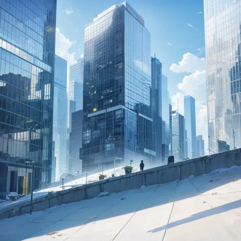 landscape, no human, looking down glass walled skyscrapers, bluesky, sunshine. morning