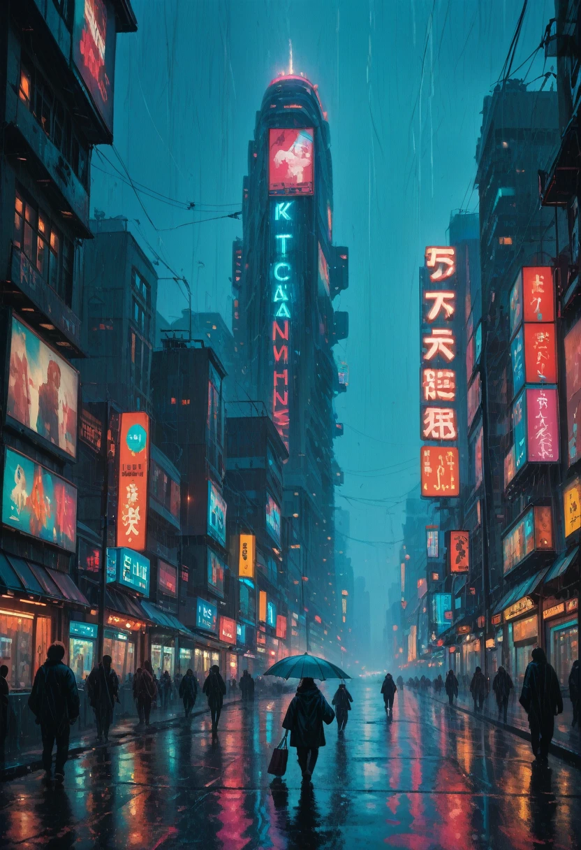 futiristic world, flying ships, cyberpunk style city, neon lights, giant advertising signs, rain, at night, zoomed image, from afar, people walking, cinema style, high quality, highly detailed, huge skyscraper, girl playing with the rain