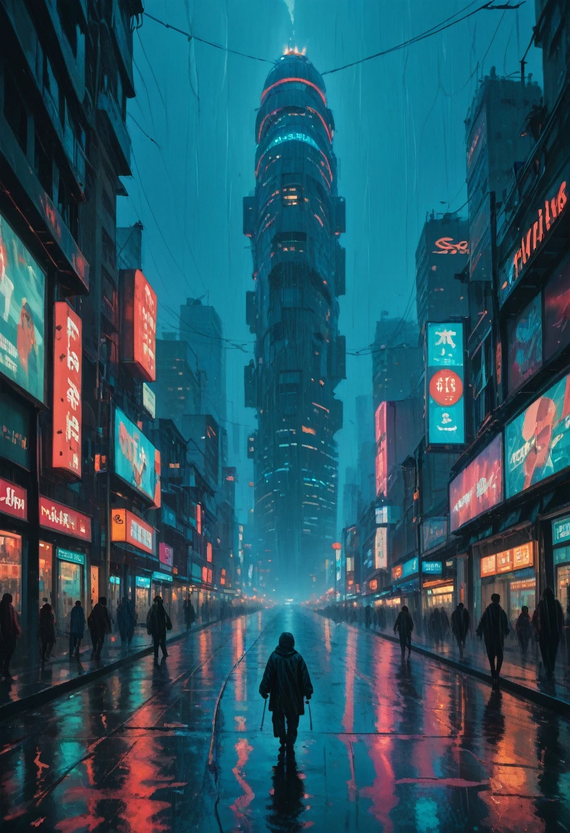 futiristic world, flying ships, cyberpunk style city, neon lights, giant advertising signs, rain, at night, zoomed image, from afar, people walking, cinema style, high quality, highly detailed, huge skyscraper, girl playing with the rain