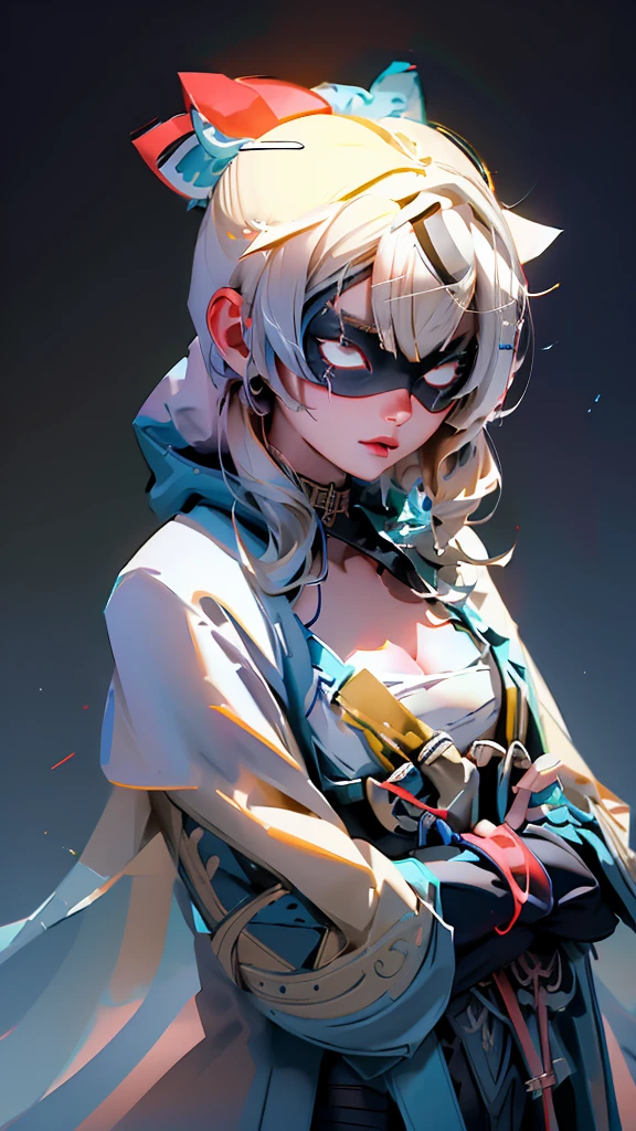 envision a 8k, highres, cinematic, beautiful close up portrait of a slender ninja girl Iroha Kazama with pretty features posing with a katana with blonde hair in a ponytail, a white camisole, black jacket with hood up with light armor plates, katana's on her back, ((black eye mask with white eyes)), in dark lighting, against a dark gray background