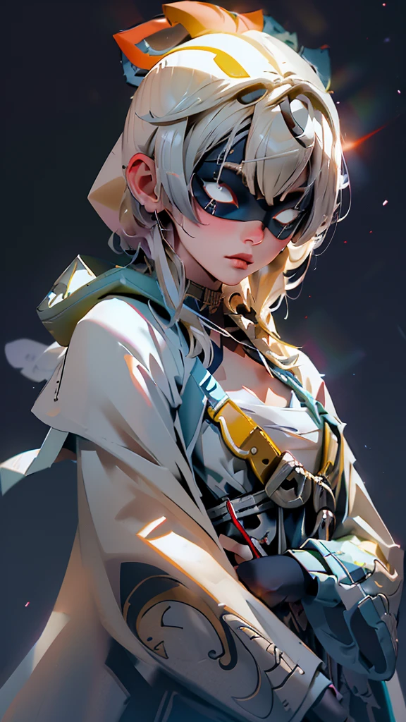 envision a 8k, highres, cinematic, beautiful close up portrait of a slender ninja girl Iroha Kazama with pretty features posing with a katana with blonde hair in a ponytail, a white camisole, black jacket with hood up with light armor plates, katana's on her back, ((black eye mask with white eyes)), in dark lighting, against a dark gray background