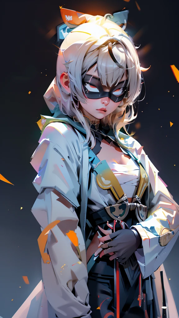 envision a 8k, highres, cinematic, beautiful close up portrait of a slender ninja girl Iroha Kazama with pretty features posing with a katana with blonde hair in a ponytail, a white camisole, black jacket with hood up with light armor plates, katana's on her back, ((black eye mask with white eyes)), in dark lighting, against a dark gray background