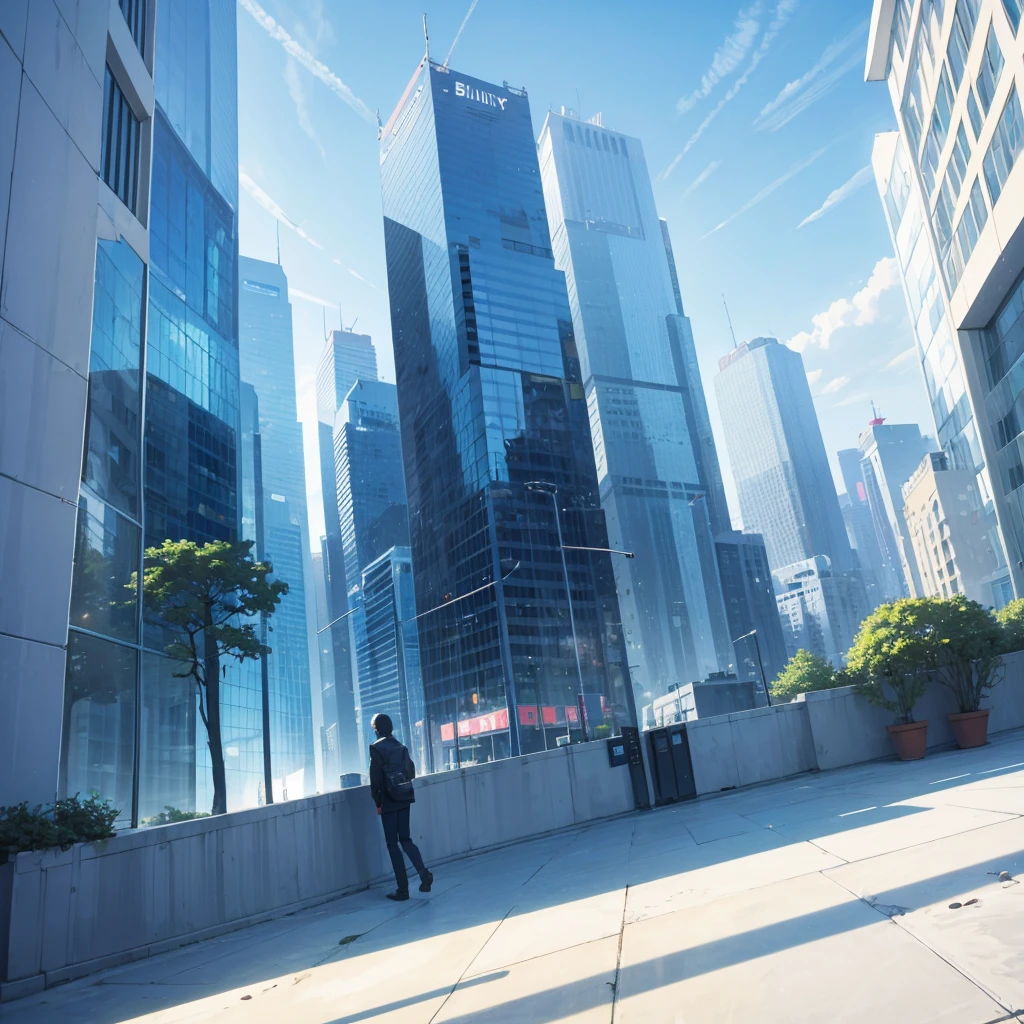 landscape, no human, looking down glass walled skyscrapers, bluesky, sunshine. morning