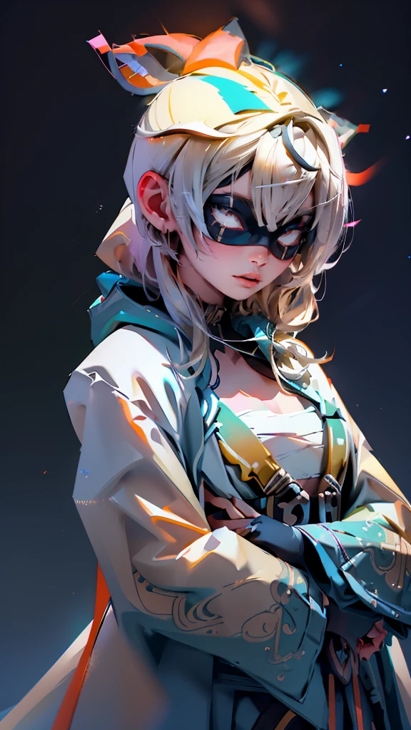 envision a 8k, highres, cinematic, beautiful close up portrait of a slender ninja girl Iroha Kazama with pretty features posing with a katana with blonde hair in a ponytail, a white camisole, black jacket with hood up with light armor plates, katana's on her back, ((black eye mask with white eyes)), in dark lighting, against a dark gray background