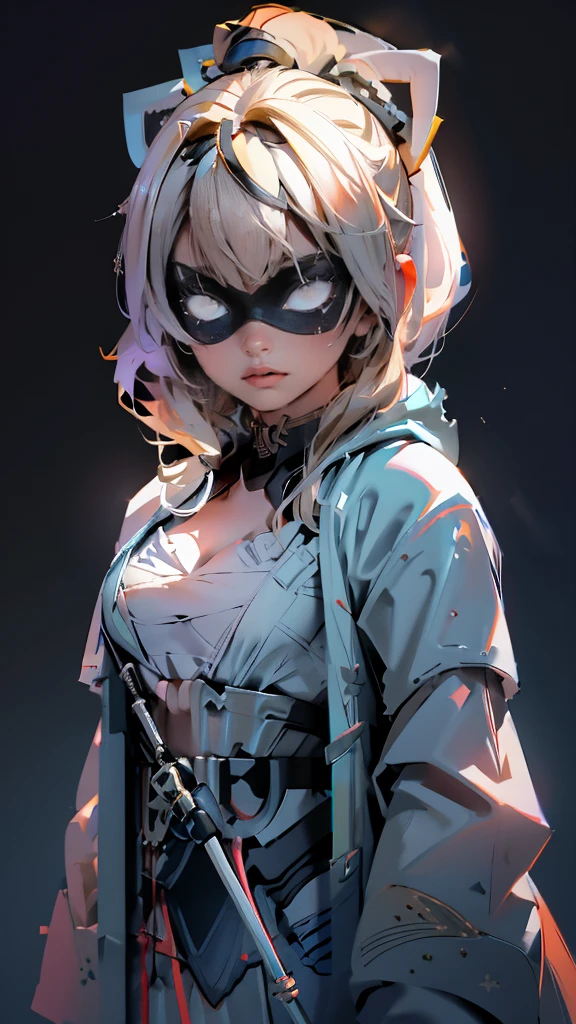 envision a 8k, highres, cinematic, beautiful close up portrait of a slender ninja girl Iroha Kazama with pretty features posing with a katana with blonde hair in a ponytail, a white camisole, black jacket with hood up with light armor plates, katana's on her back, ((black eye mask with white eyes)), in dark lighting, against a dark gray background