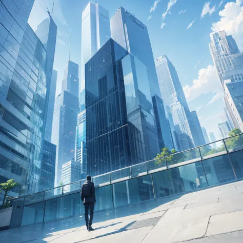 landscape, no human, looking down glass walled skyscrapers, bluesky, sunshine, morning