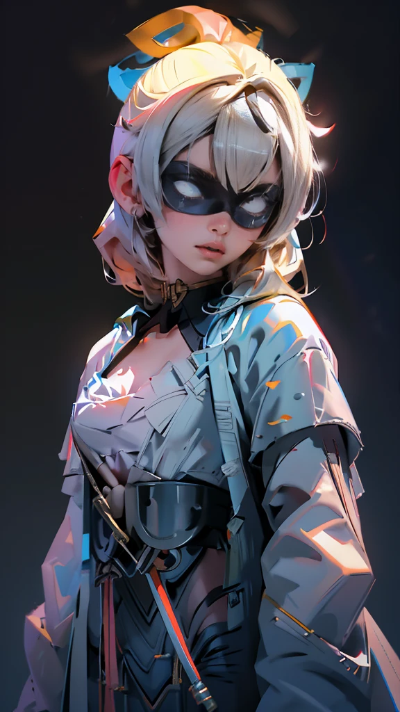 envision a 8k, highres, cinematic, beautiful close up portrait of a slender ninja girl Iroha Kazama with a pretty mature face posing with a katana with blonde hair in a ponytail, a white camisole, black jacket with hood up with light armor plates, katana's on her back, ((black eye mask with white eyes)), in dark lighting, against a dark gray background