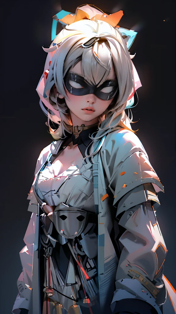 envision a 8k, highres, cinematic, beautiful close up portrait of a slender ninja girl Iroha Kazama with a pretty mature face posing with a katana with blonde hair in a ponytail, a white camisole, black jacket with hood up with light armor plates, katana's on her back, ((black eye mask with white eyes)), in dark lighting, against a dark gray background