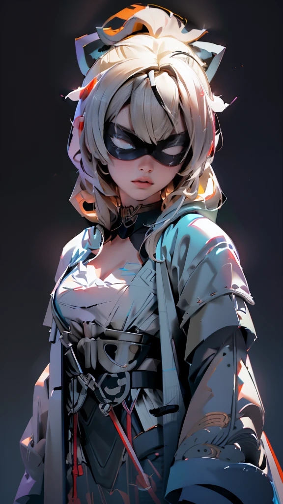 envision a 8k, highres, cinematic, beautiful close up portrait of a slender ninja girl Iroha Kazama with a pretty mature face posing with a katana with blonde hair in a ponytail, a white camisole, black jacket with hood up with light armor plates, katana's on her back, ((black eye mask with white eyes)), in dark lighting, against a dark gray background