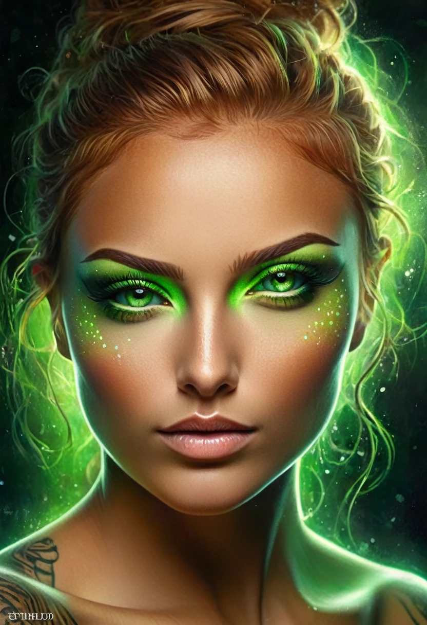 "Hyper-realistic portrait of a beautiful woman with a symmetrical face and light, lightly tanned, radiant skin. Short, frizzy red hair, with extremely detailed, crystal-clear green eyes, capturing the light vividly. Perfectly outlined and specific eyebrows, long and well Defined, full mouth with a subtle shine, accentuating her soft expression. Tattoos in shades of green with elongated, black lines adorn one side of the face and neck, flowing harmoniously with the natural contours with splashes of iridescent green light, creating a contrast. ethereal. Rendered in maximum quality, UHD, 8k."