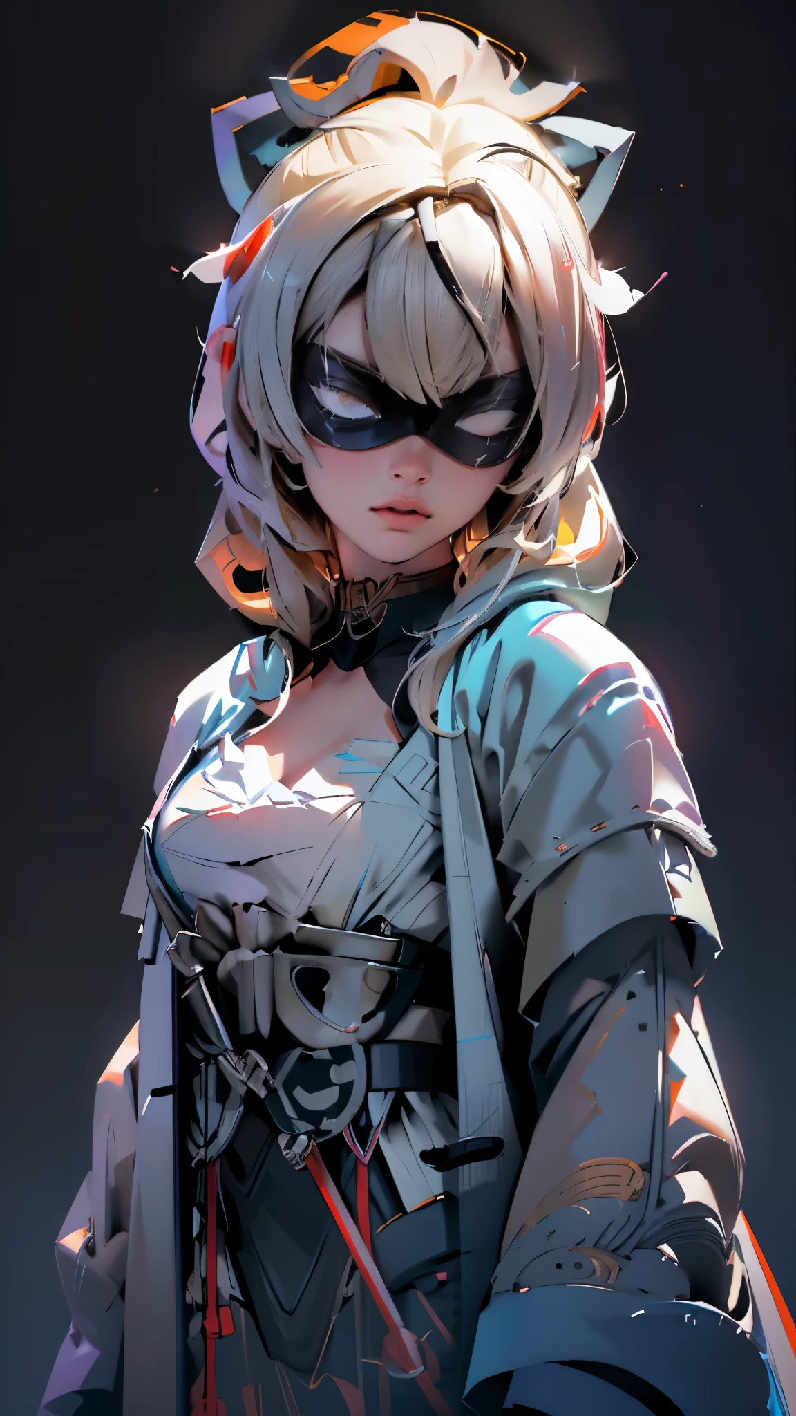 envision a 8k, highres, cinematic, beautiful close up portrait of a slender ninja girl Iroha Kazama with a pretty mature face posing with a katana with blonde hair in a ponytail, a white camisole, black jacket with hood up with light armor plates, katana's on her back, ((black eye mask with white eyes)), in dark lighting, against a dark gray background