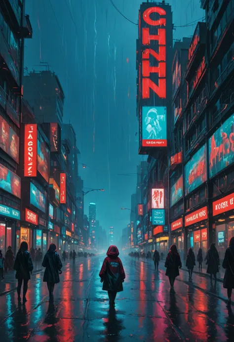 futiristic world, flying ships, cyberpunk style city, neon lights, giant advertising signs, environmental pollution, cyborg wome...