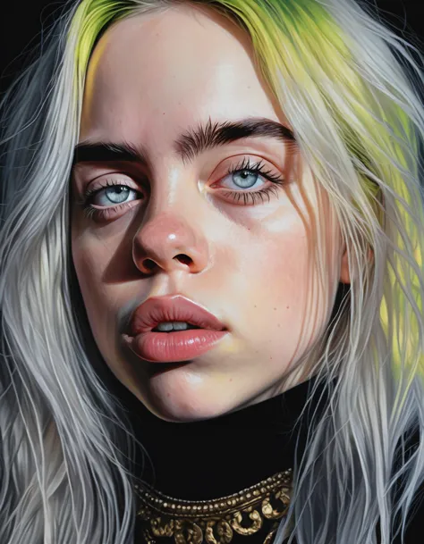 a realistic portrait of billie eilish, beautiful detailed eyes, beautiful detailed lips, extremely detailed face and skin, long ...