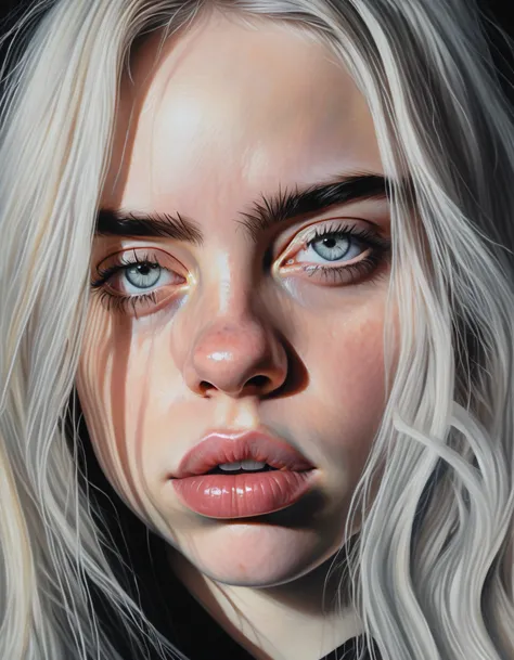 a realistic portrait of billie eilish, beautiful detailed eyes, beautiful detailed lips, extremely detailed face and skin, long ...