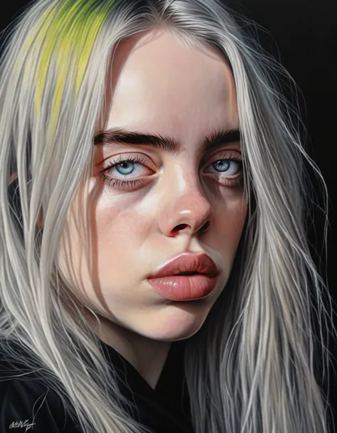 a realistic portrait of billie eilish, beautiful detailed eyes, beautiful detailed lips, extremely detailed face and skin, long ...