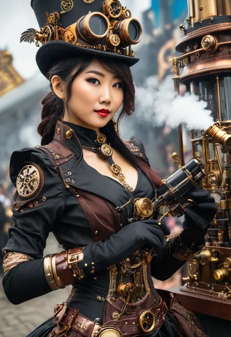 an asian woman in a steampunk costume taking the photo, wearing steampunk attire, steampunk fantasy style, (steampunk), a steamp...