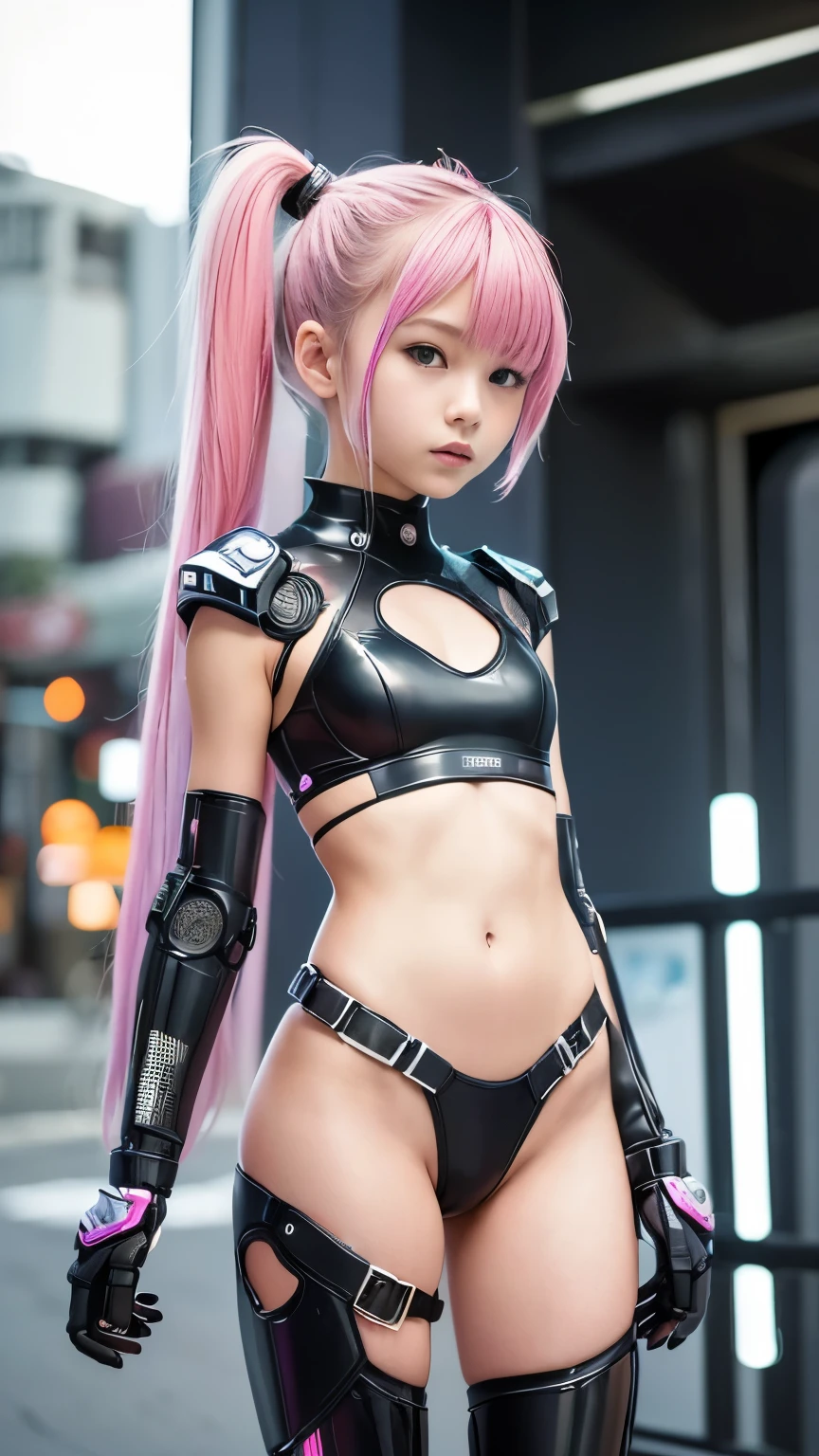 high quality, ​realistic masterpiece, two close friends, Beautiful tween girls, small skinny girls, cute girl face, cyberpunk, Wearing futuristic robotic tactical shear armor cyberpunk suit with cutouts showing body, skinny athletic body showing legs, innocent, playful, Famous actresses of Japan, very beautiful face, pink hair