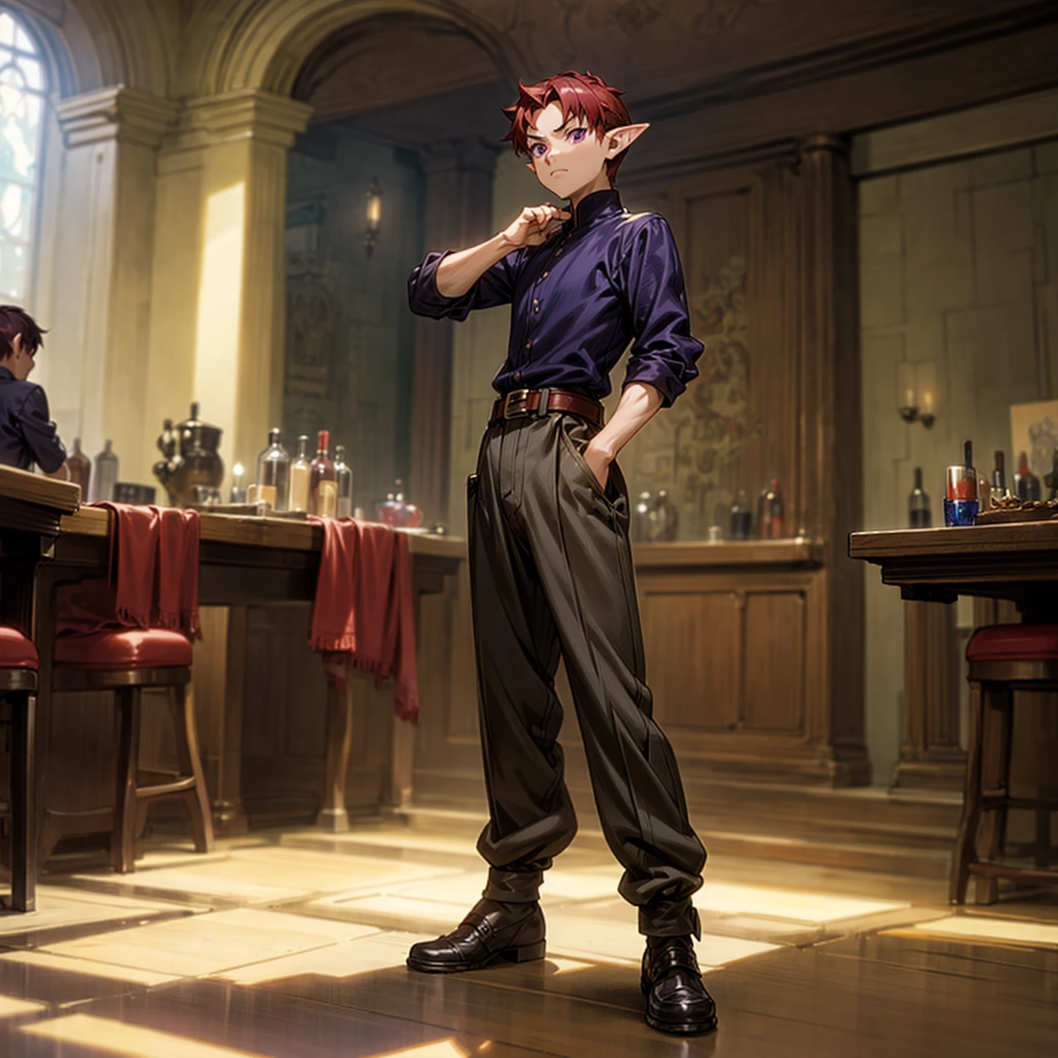 Solo character, full body version, kid boy, muscle, (elf), purple eyes, red color hair, undercut hair, black shirt, brown long pants, shoes, belt, indoor, bar, town, medieval, standing gesture, detailed background, detailed clothing, detailed hair, (Makoto shinkai style art)