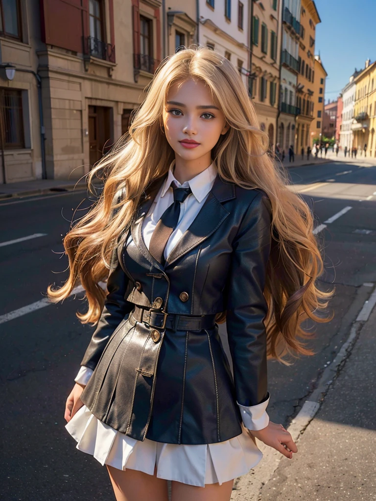 (A photo of a super beautiful white-blonde Russian female student standing:1.2)(Sexiest Arab Women)(Smiling:1.2)(16K, RAW Photos, Highest quality, masterpiece: 1.2),(Her shiny, wavy long hair is blown wildly by the wind:1.1) Super detailed, Super Resolution, (Genuine, Genuine photos: 1.37), Portraiture, High-resolution RAW color photos, Professional photos, Very detailed, 8k wallpaper, Very detailed CG Unity 8k wallpaper, Very detailed beautiful girl, Very detailed faces,(Flames burning on the streets of Italy:1.2)(Tight school uniform:1.2)(whole body)(Skinny but big boobs:1.1)(かわいいタイトな半袖School uniform style outfit:1.2)School uniform style outfit,light gray eyes,from side,Winter coats for students