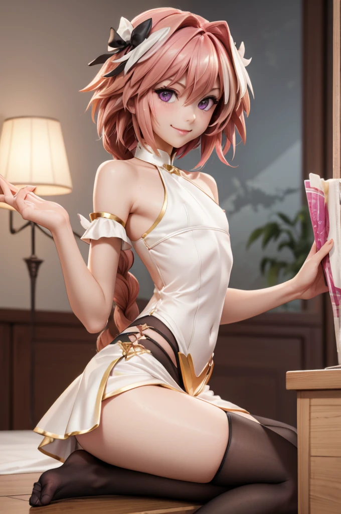 ((masterpiece)), ((best quality)), (detailed), astolfo, Beautiful, Beautifu and slim perfect body, slim body, really female, slim female body, female, flat chest, Pectorals, not breasts, very innocent smile, innocent smile, femboy, , boy, bright pink hair, really spiky hair, short hair, a long braid, lock of white hair on left side, perfect, solo, gorgeous femenine person, one piece dress, wedding dress, mini dress, dress without shoulder, wedding mini dress without shoulder, bridal veil on the head, small bulge, luscious lips, long hair, flat chest, Pectorals, not breasts, sexy,