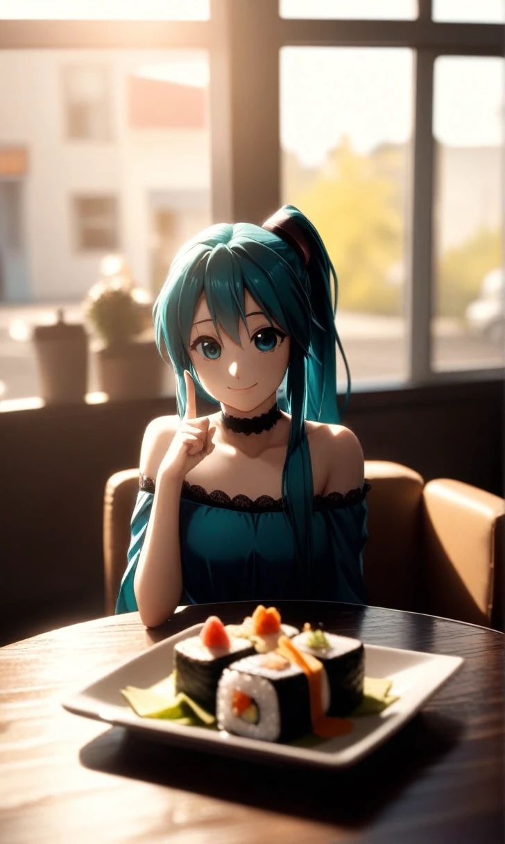 hatsune miku celebrating her birthday. In front of Miku there is a birthday cake. miku happy light. Miku has a blue dress with filigree. miku opens a gift. animated art style,amazing quality,masterpiece,Best Quality,Awesome,inspiring,cinematographic composition,soft shadows,film grain,shallow depth of field,Very detailed,high budget,cinemascope,epic,kinematics with color grading,atmospheric lighting,Imperfections,natural,Low Kelvin,
1 girl,Alone,restaurant,day,inside,window,sofa,Session,on sofa,behind the table,looking at the viewer,sushi,leaf,(raised index finger:1.1),finger on own chin,smile,Closed mouth,reaching towards the viewer,to throw,off shoulder blouse,(steering wheels:1.1),bare shoulder,Black choker,