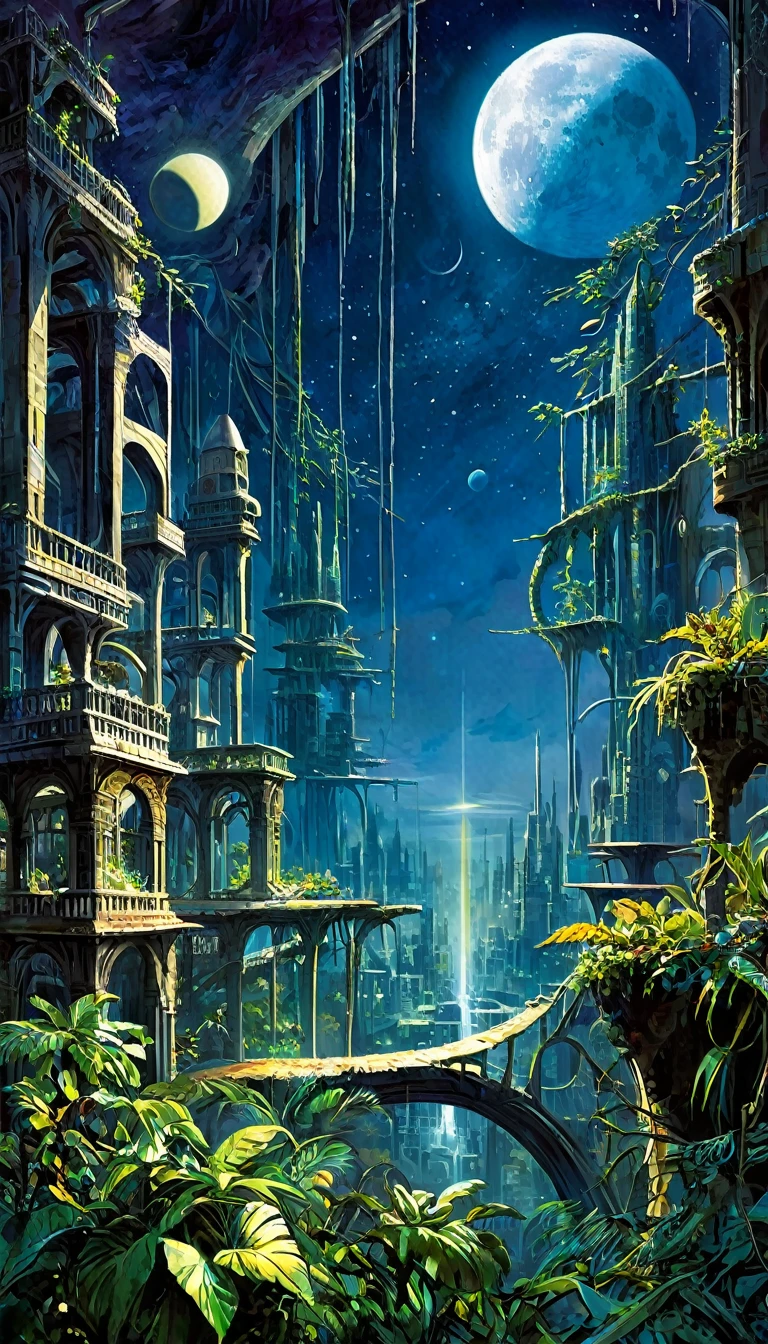 Enter the mysterious nighttime expanse of a deserted city, where moonlight cascades down on the skeletal remains of wooden structures, intertwined with the sturdy tendrils of jungle vegetation. Arriba, The cosmic tapestry is interrupted by the great spaceship. A surreal alliance of desolation and extraterrestrial presence unfolds beneath the twin moons, creating an enigmatic atmosphere over the abandoned cityscape -inspired by the art of Bill Sienkiewicz and Dave McKean
