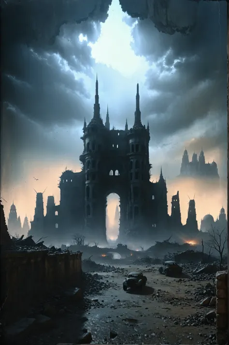 there is a picture of a very large building in the middle of a city, dramatic concept art, dark ruins landscape, high quality di...