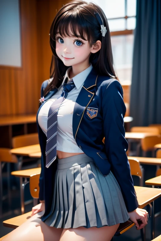 8k, Highest quality, The true picture, Intricate details, Very detailed, Ultra-high resolution, Depth Field,(Realistic,Realistic:1.2), From the side, One of the Japan, Very beautiful person, Big eyes, Beautiful breasts:1.5、Very detailedな目:1.2), (Beautiful breasts:1.1), (Small breasts), Wavy Hair、Curly Hair、bangs, Perfect Skin, Fair skin, (Big Hips:1.3), (Thick thighs:1.3), (Thick legs:1.3), Tight waist, Slightly reddish, alone, Looking at the audience, (smile:1.1), ((School_uniform),(Dark Blue Blazer), (White shirt、Wear a tie), (Grey pleated skirt), (Sculptural installation :1.1), break, (During class:1.2), In a high school classroom, Please sit down