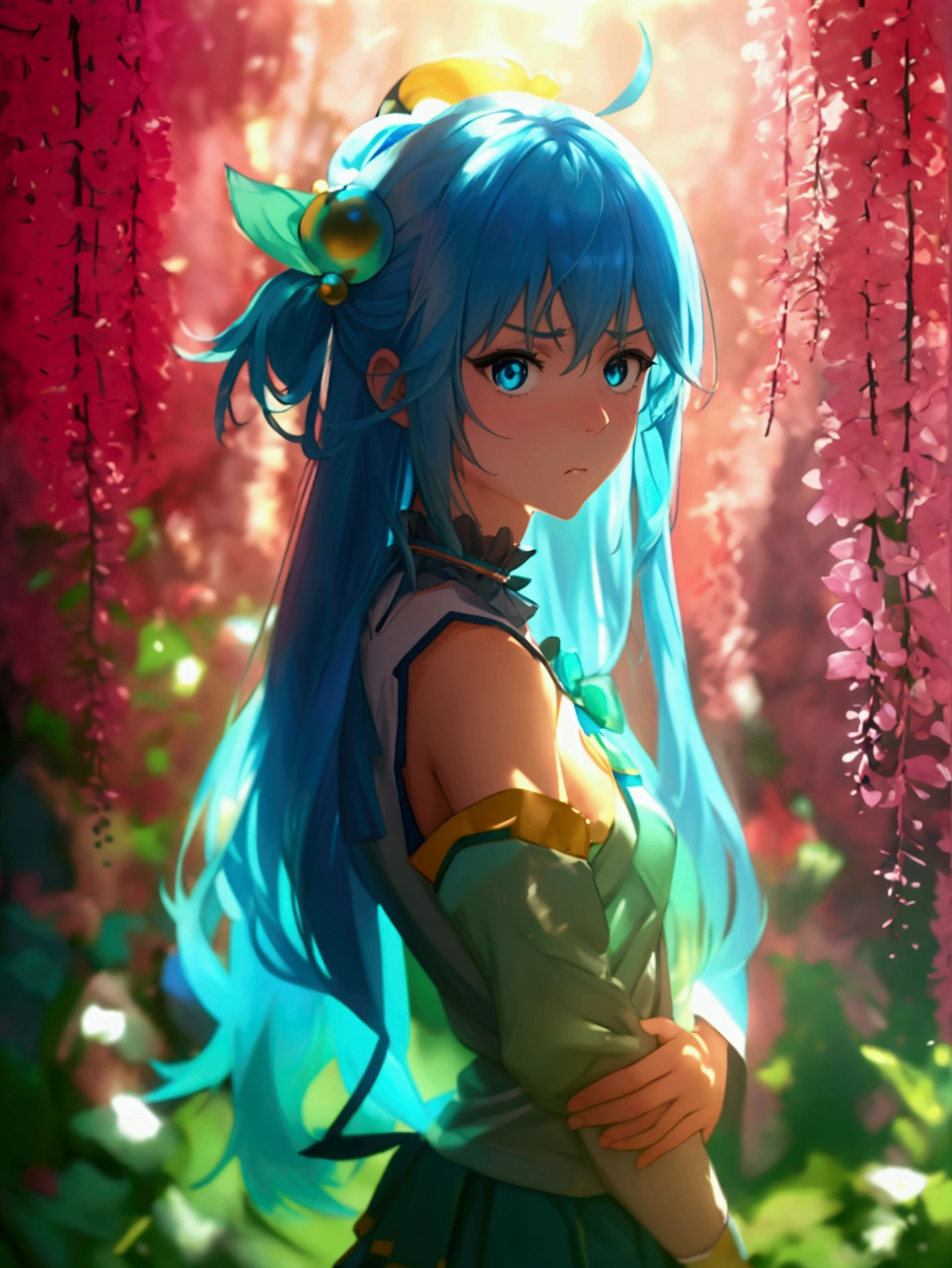 masterpiece, best quality, highres, absurdres, ultra detailed, pretty eyes, aaaqua, long hair, blue hair, hair rings, hair ornament,choker, bare shoulders, green bow, blue shirt, detached sleeves, blue skirt, thighhighs, annoyed, disappointed standing, hand on waist, vibrant colors