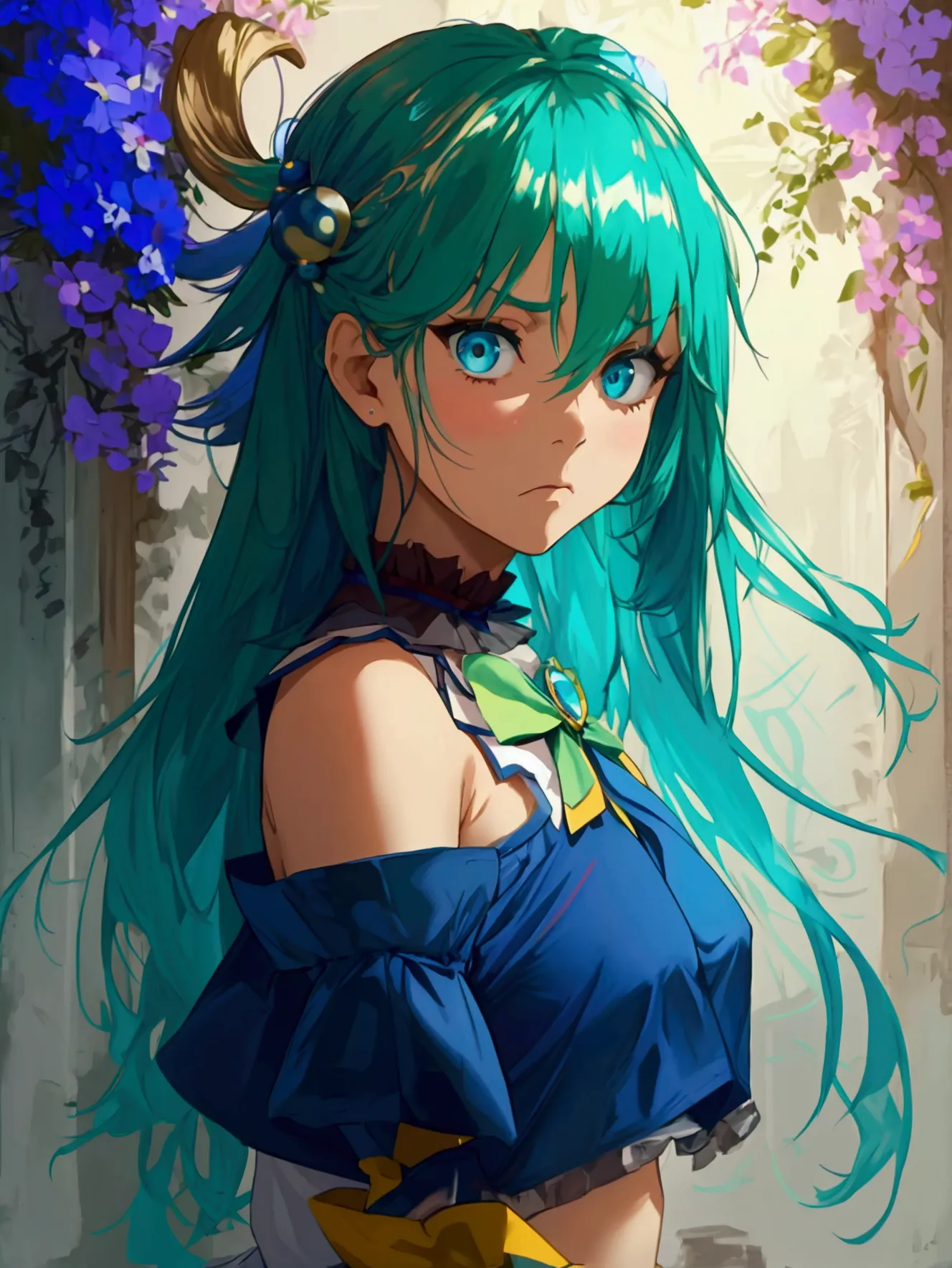 masterpiece, best quality, highres, absurdres, ultra detailed, pretty eyes, aaaqua, long hair, blue hair, hair rings, hair ornam...