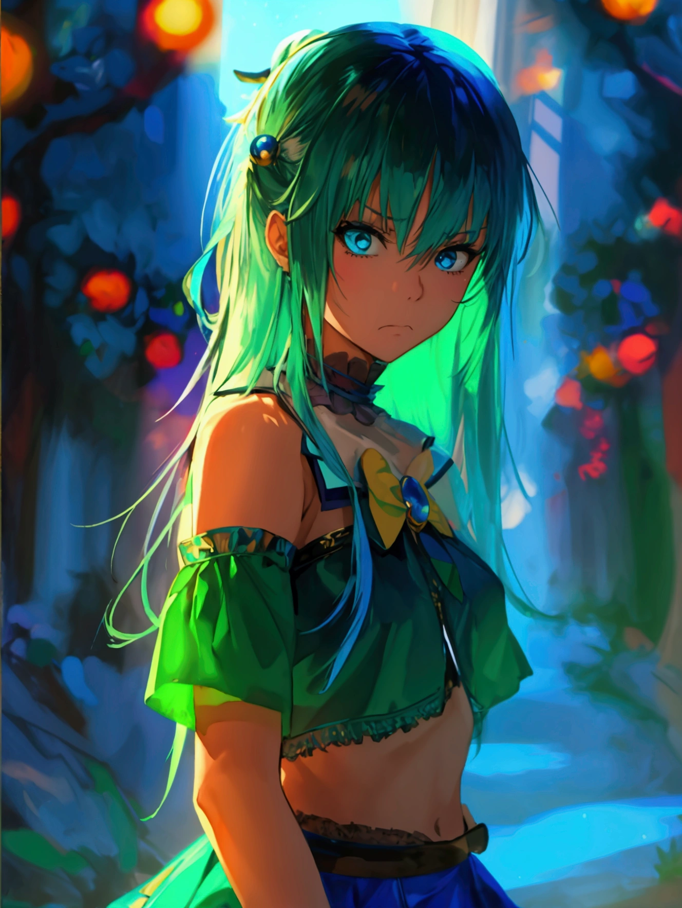 masterpiece, best quality, highres, absurdres, ultra detailed, pretty eyes, aaaqua, long hair, blue hair, hair rings, hair ornament,choker, bare shoulders, green bow, blue shirt, detached sleeves, blue skirt, thighhighs, annoyed, disappointed standing, hand on waist, vibrant colors