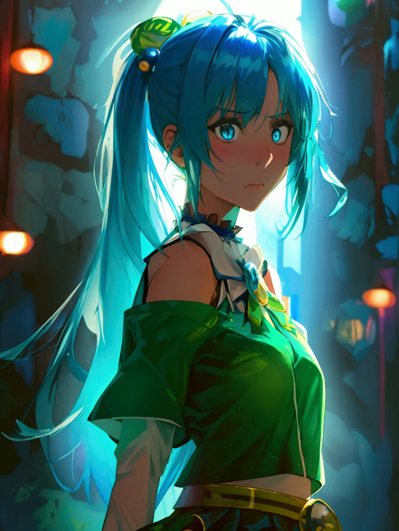 masterpiece, best quality, highres, absurdres, ultra detailed, pretty eyes, aaaqua, long hair, blue hair, hair rings, hair ornament,choker, bare shoulders, green bow, blue shirt, detached sleeves, blue skirt, thighhighs, annoyed, disappointed standing, hand on waist, vibrant colors