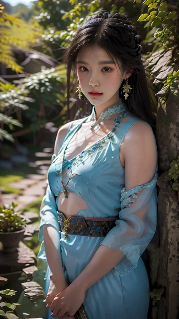 garden,On the grass,an oriental girl,long hair shawl,Miansha on the face,Big breasts,earrings,Wearing an ancient Han Dynasty mini lace skirt,Chest gemstone jewelry,坐在On the grass,