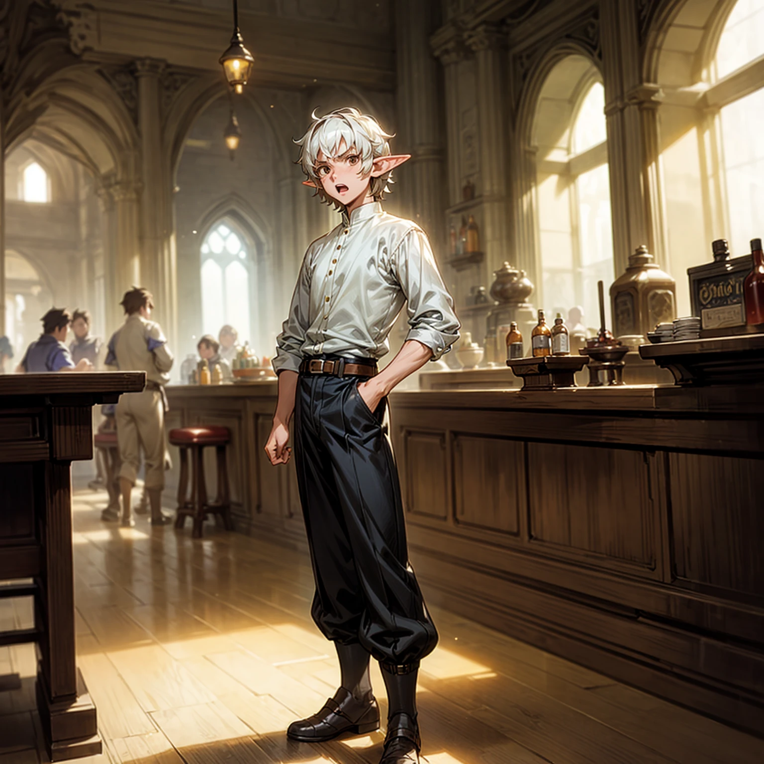 Solo character, full body version, middle aged man, muscle, (elf), brown eyes, white color hair, short Curly hair, white shirt, black long pants, shoes, belt, indoor, bar, town, medieval, standing gesture, detailed background, detailed clothing, detailed hair, (Makoto shinkai style art), open mouth, angry, armor