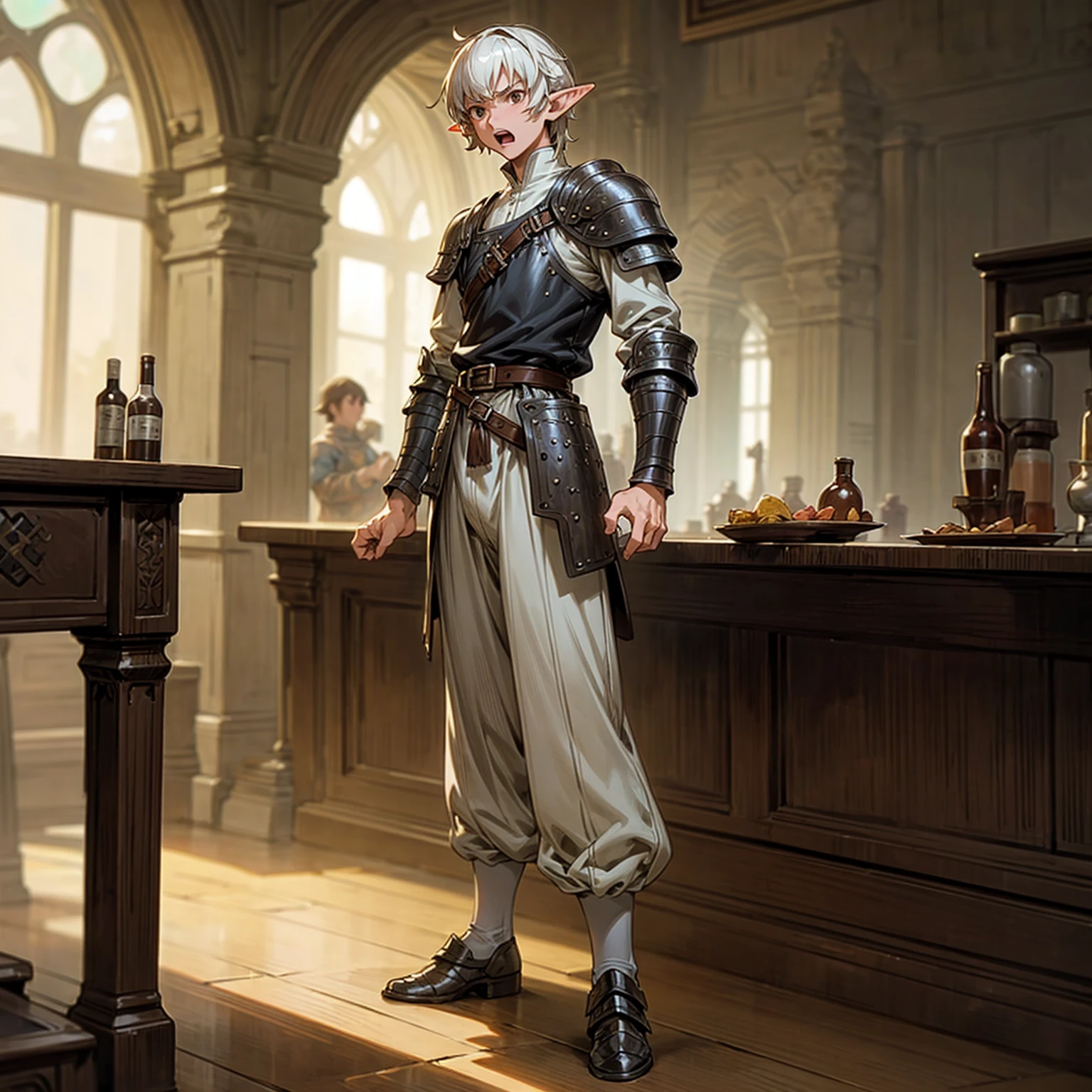 Solo character, full body version, middle aged man, muscle, (elf), brown eyes, white color hair, short Curly hair, white shirt, black long pants, shoes, belt, indoor, bar, town, medieval, standing gesture, detailed background, detailed clothing, detailed hair, (Makoto shinkai style art), open mouth, angry, armor