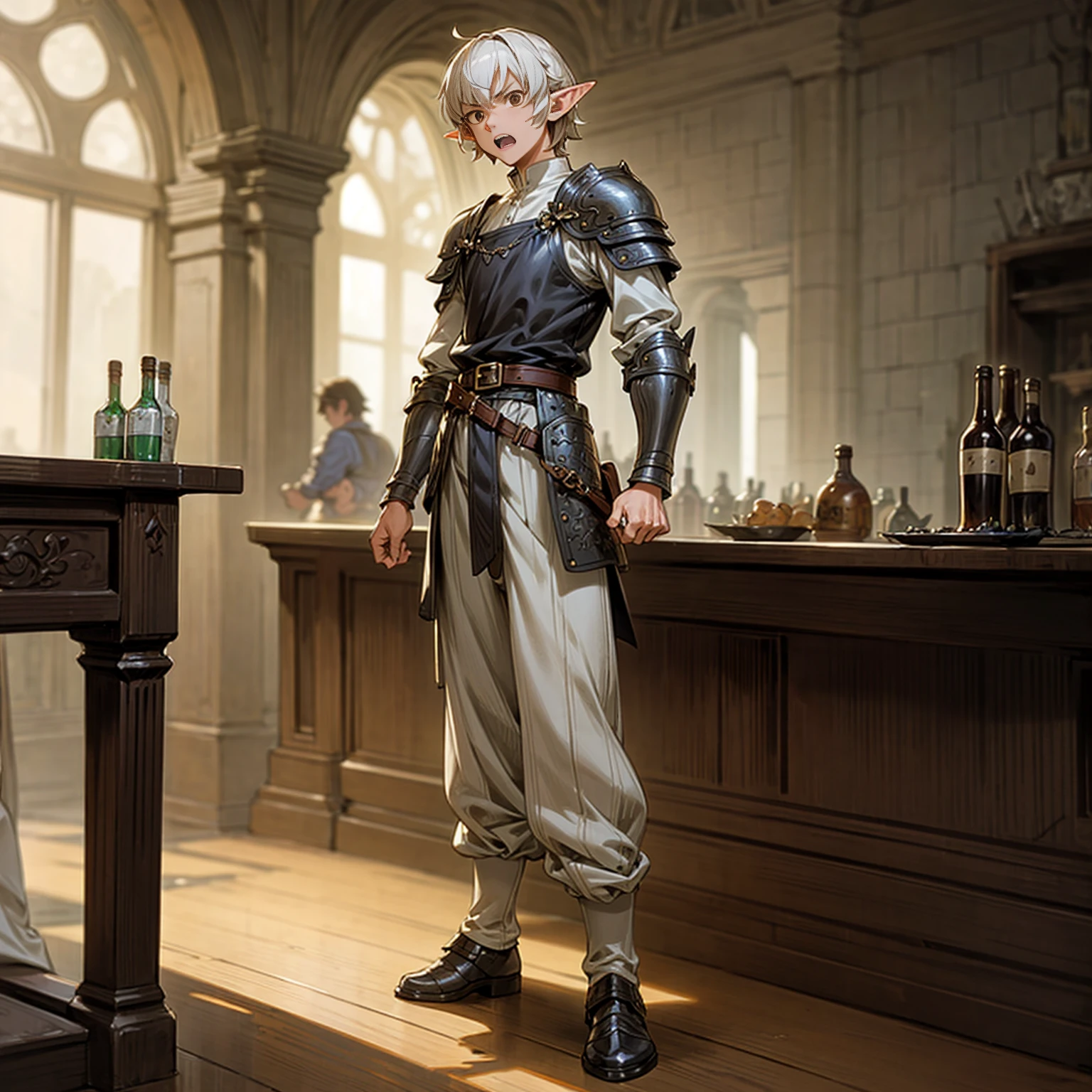 Solo character, full body version, middle aged man, muscle, (elf), brown eyes, white color hair, short Curly hair, white shirt, black long pants, shoes, belt, indoor, bar, town, medieval, standing gesture, detailed background, detailed clothing, detailed hair, (Makoto shinkai style art), open mouth, angry, armor